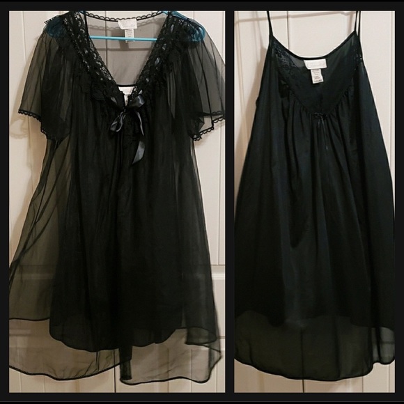 Sears Inner Most Other - Vintage Gothic PinUp Black 2piece Peignoir Robe & Nightgown Set